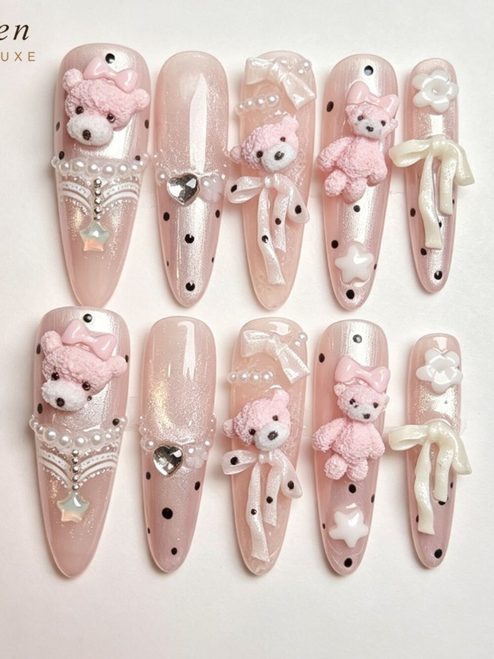 Dreamy Coquette 3D Fuzzy Bear Cat Eye Long Almond Press On Nails